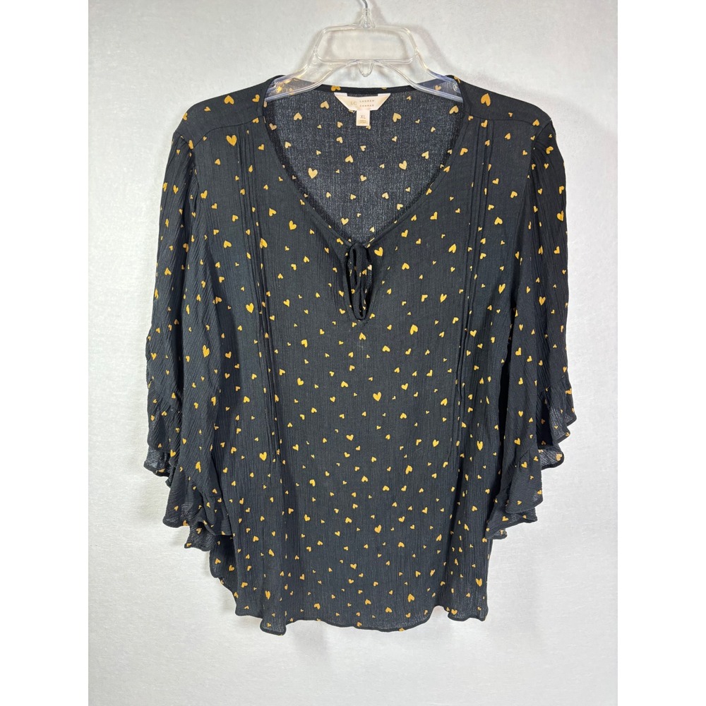 LC Lauren Conrad Black Yellow Heart Print‎ Ruffle Sleeve Blouse XL Rayon Top